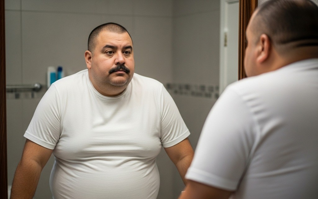 man looking at self in bathroom mirror