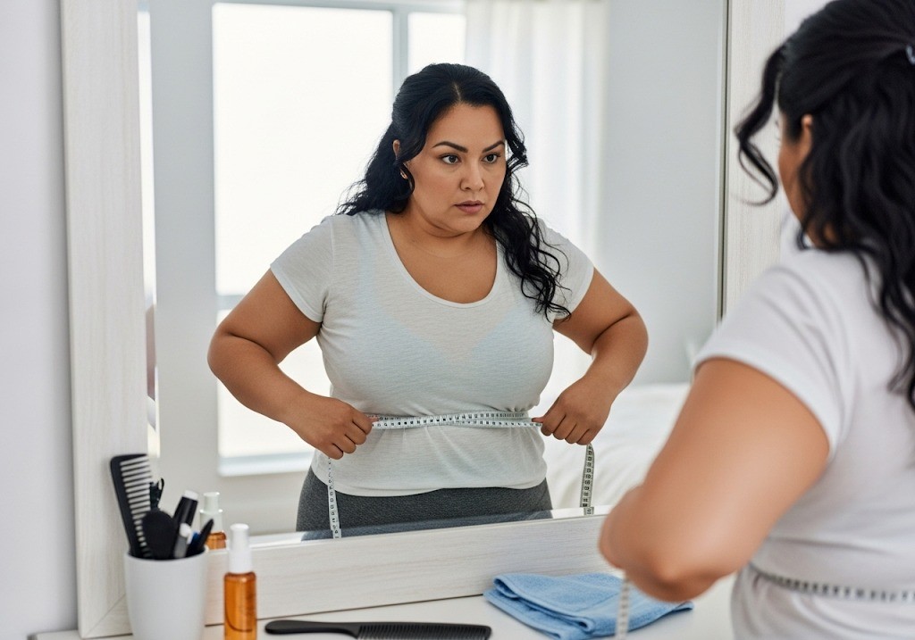 A woman with dark hair, wearing a white t-shirt and grey leggings, stands in front of a mirror and measures her waist with a white tape measure