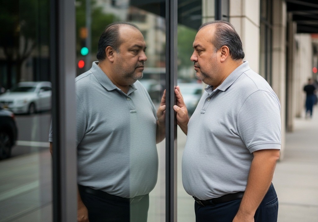 A man with dark hair, wearing a gray polo shirt and dark pants, stands on a city sidewalk and peers intently at his reflection in a large glass window