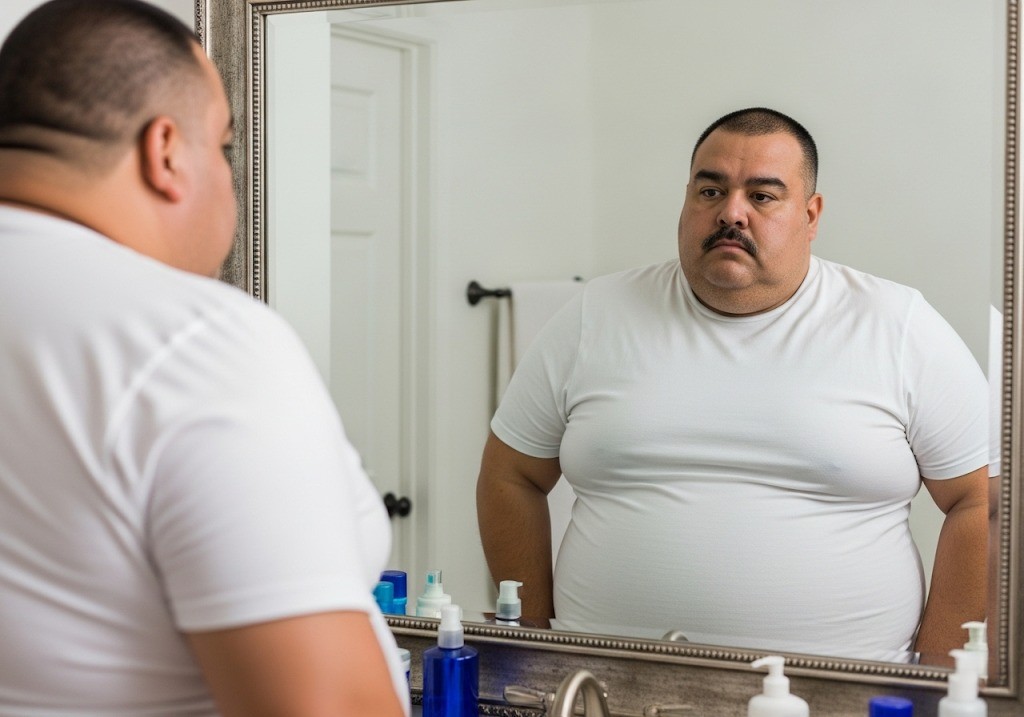 A man with a mustache and a short haircut, wearing a white t-shirt, stands in a bathroom and looks seriously at his reflection in a mirror