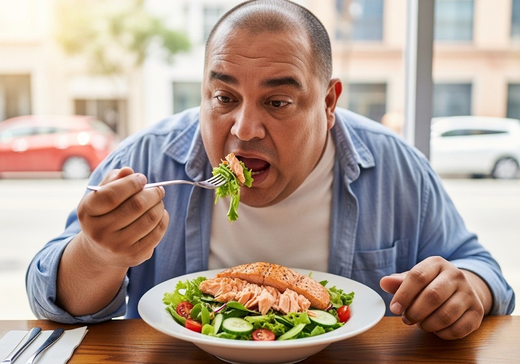 A man with a serious expression and his mouth wide open, wearing a blue denim shirt over a white t-shirt, is about to eat a bite of salmon and salad from his fork.