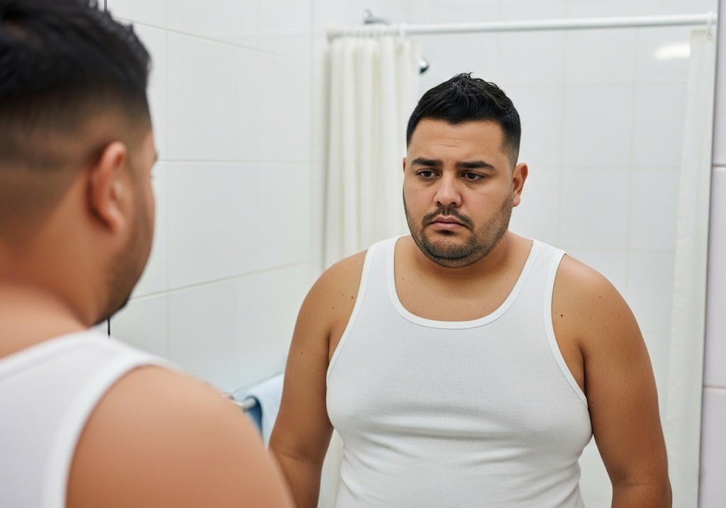 A man with dark hair and a beard, wearing a white tank top, looking at his reflection in a bathroom mirror with a somber expression.