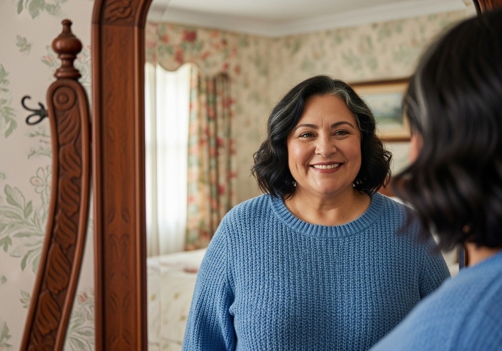 A happy woman with dark, wavy hair and a broad smile, wearing a blue knitted sweater, looks at her reflection in a decorative wooden mirror.