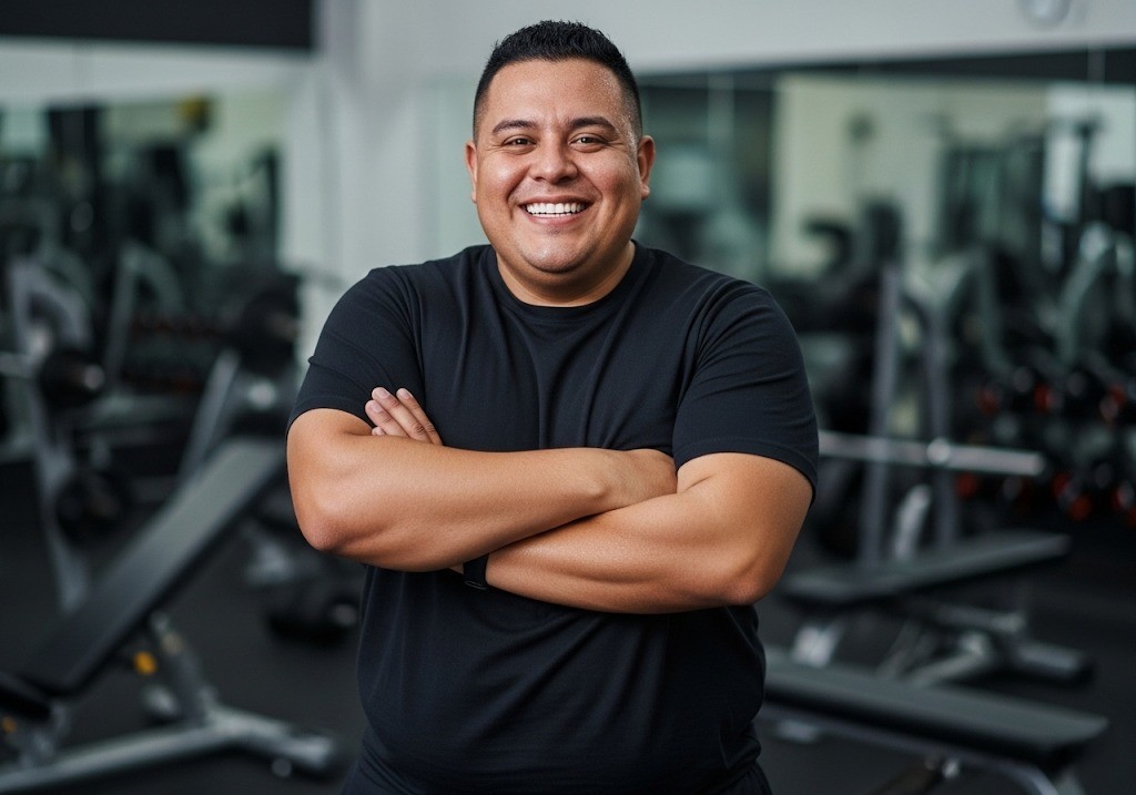 Man smiling in gym, thinking of laser fat loss