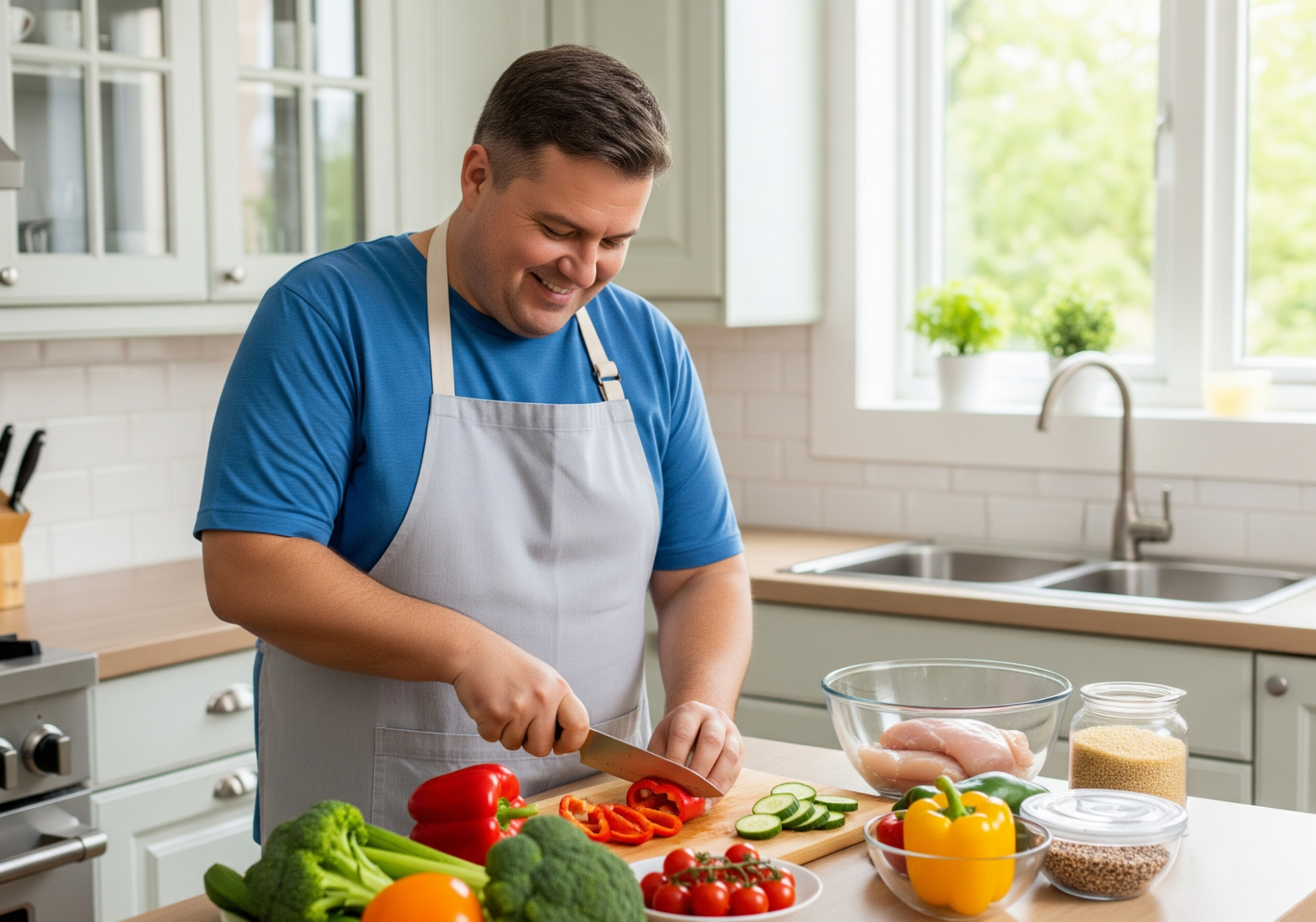man preparing a healthy meal with fresh vegetables and lean protein in a home kitchen