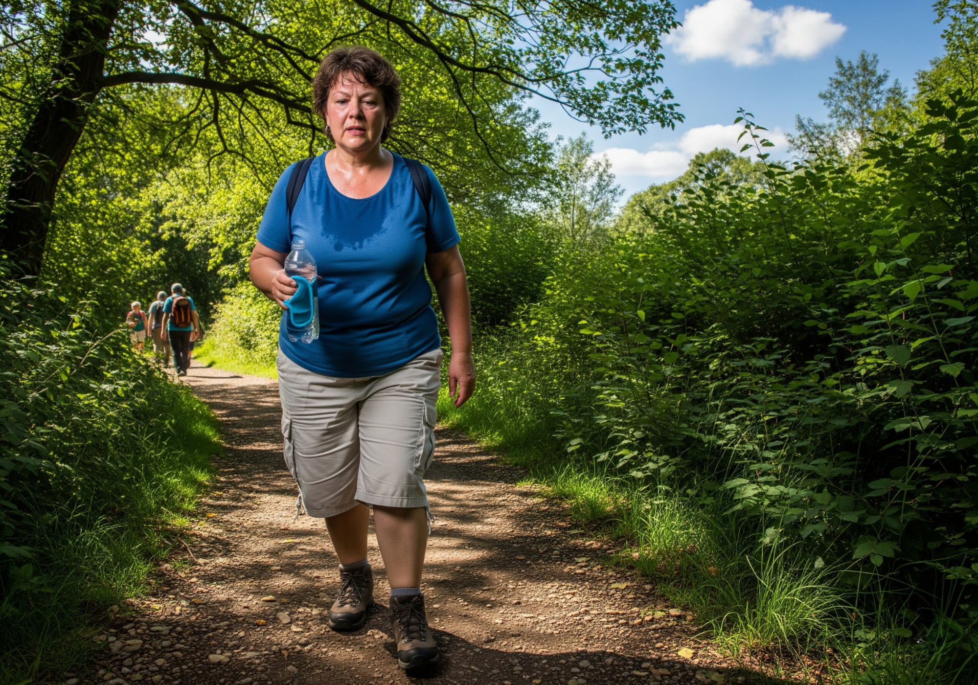 woman hiking slowly along a park trail, holding a water bottle