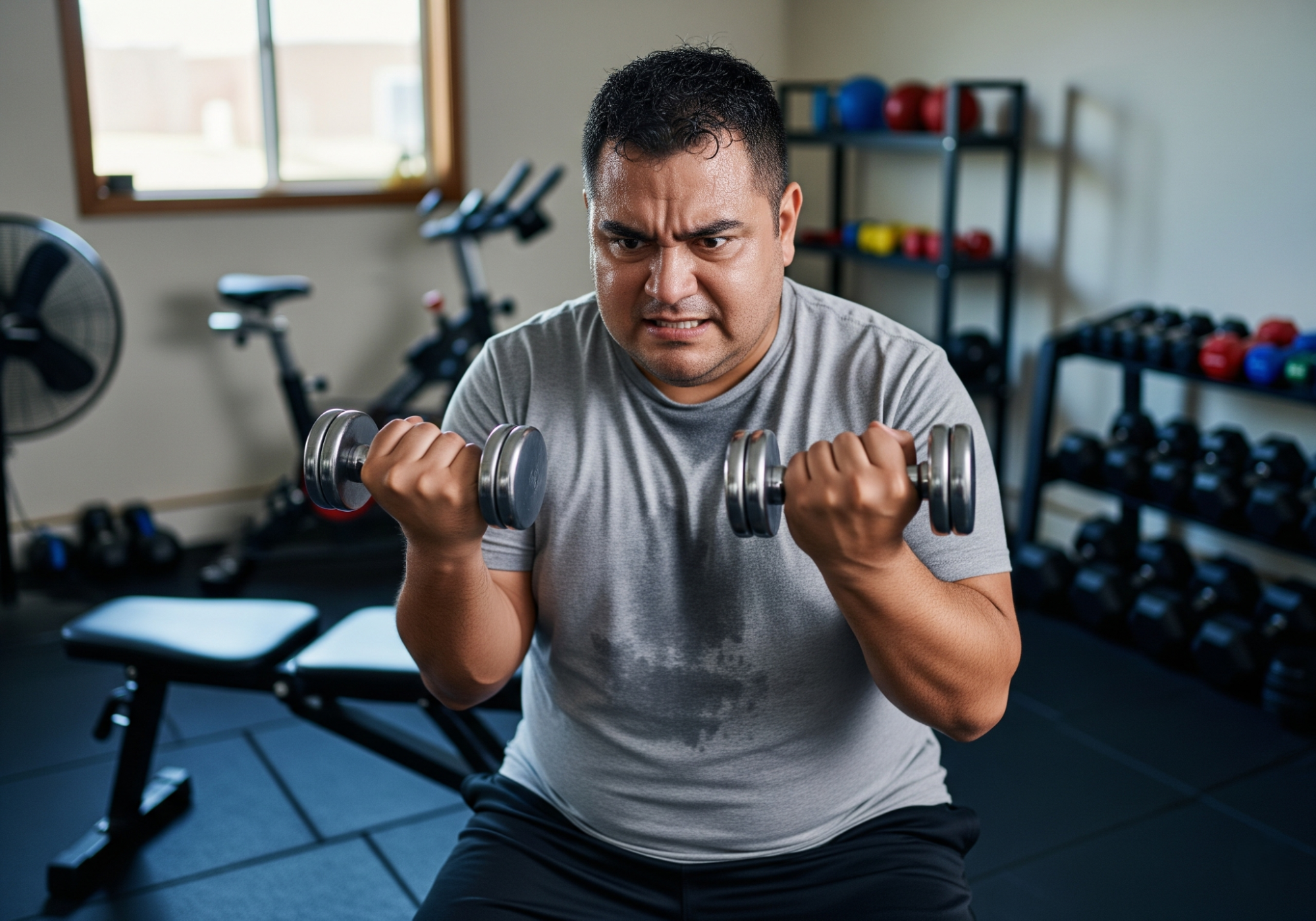 man lifting small dumbbells in a home gym while sweating and staying focused
