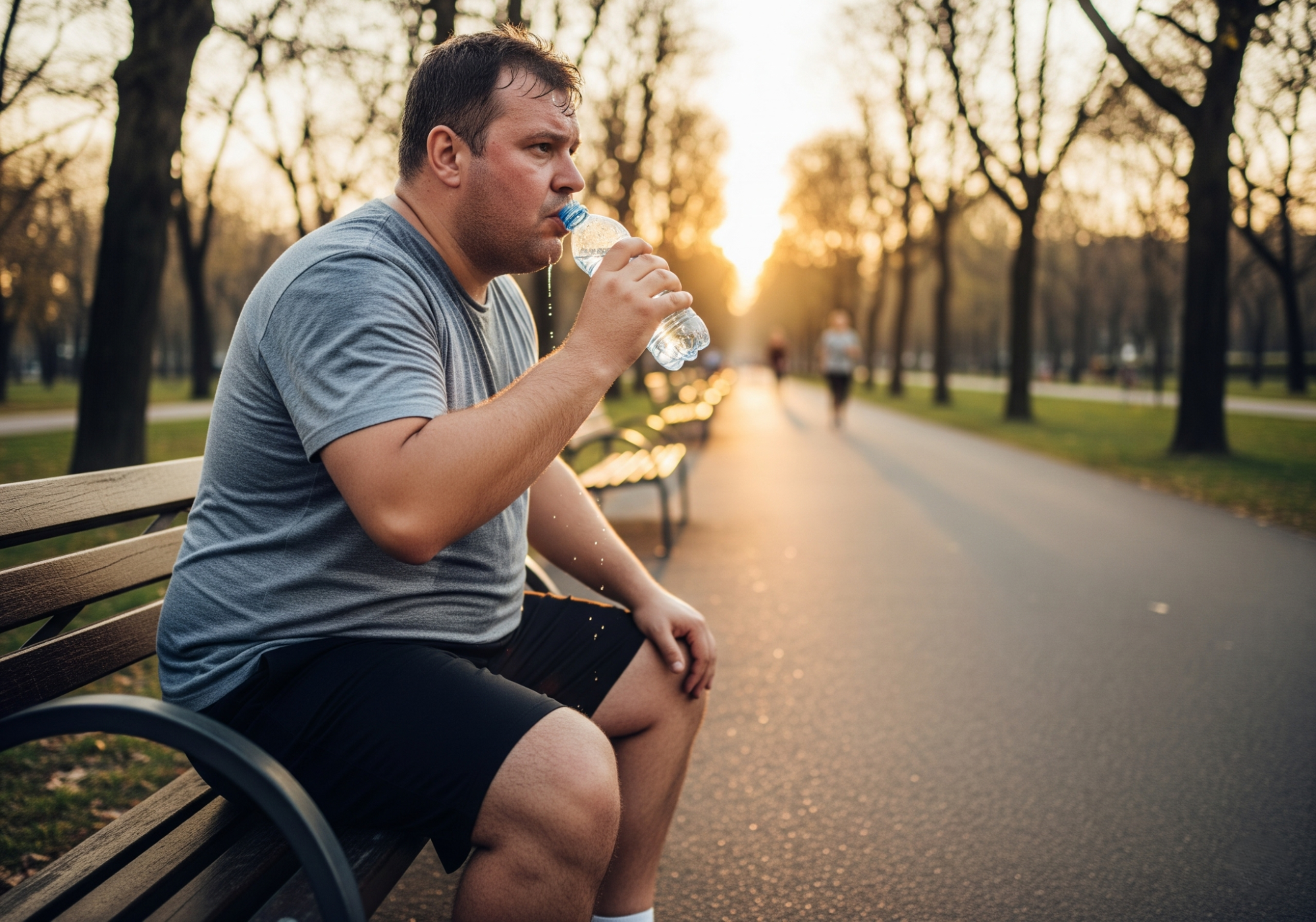 overweight man resting on a bench after jogging outdoors, drinking water