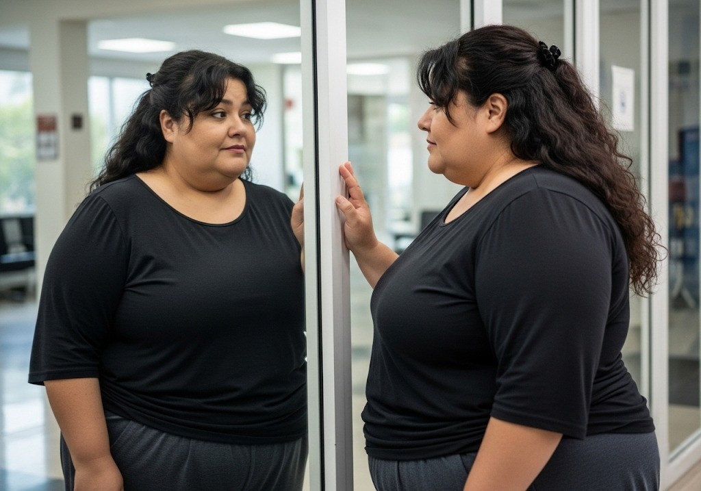 woman looking at reflection in mirror