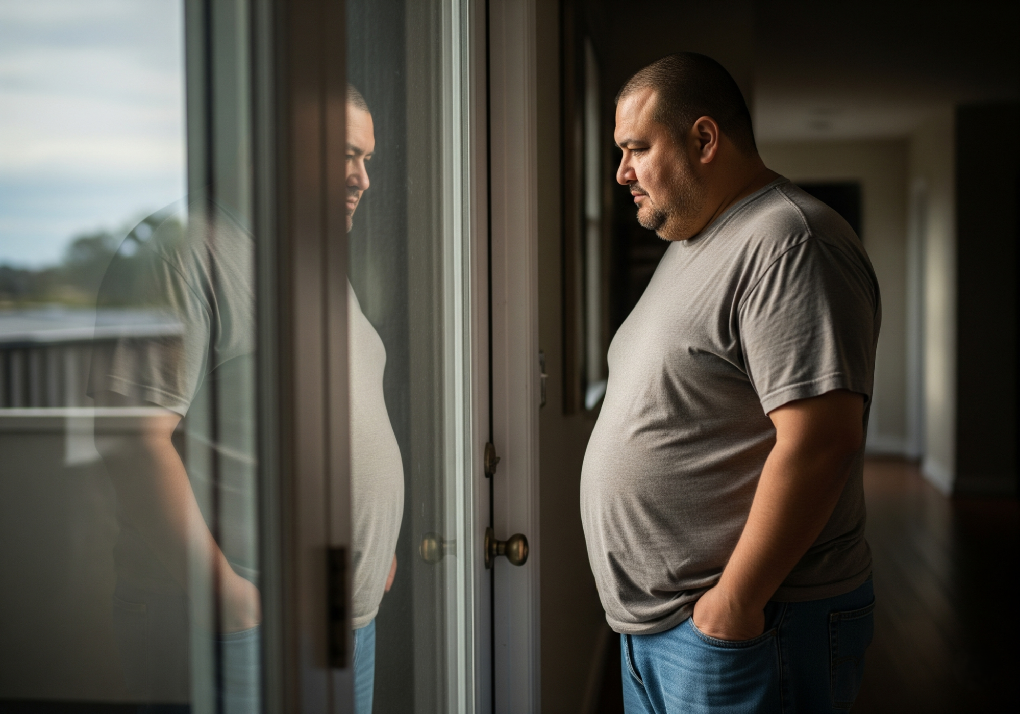 man looking at self in reflection of door