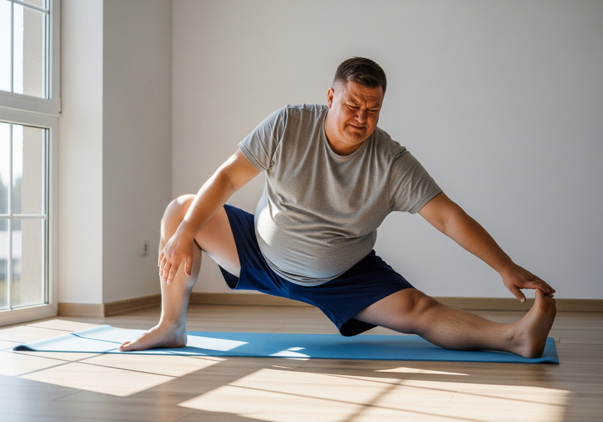 man attempting light stretching exercises on a yoga mat