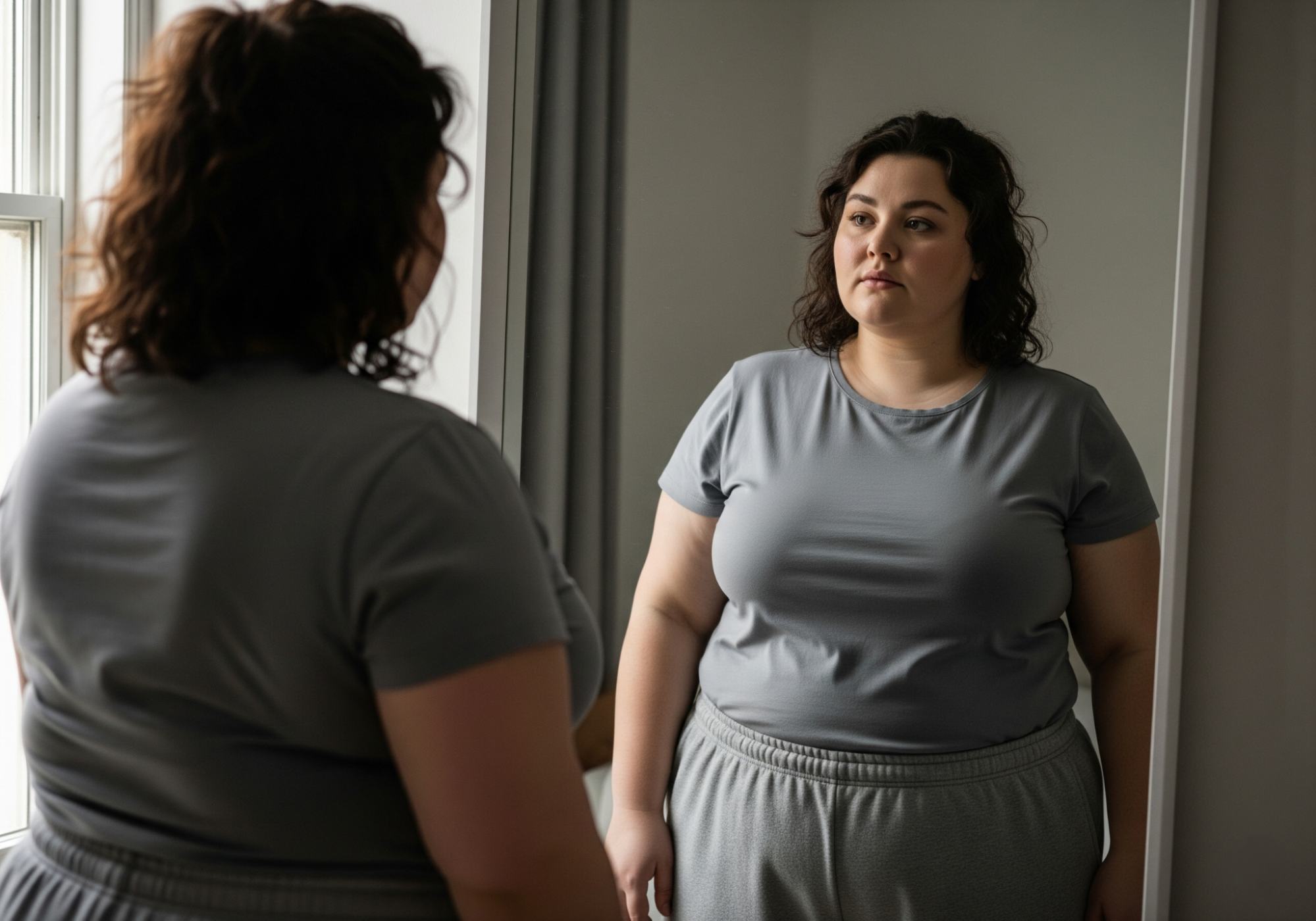 woman looking at self in mirror