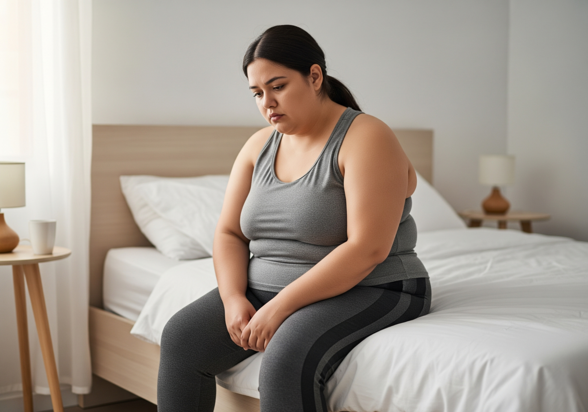 woman sitting at the edge of her bed, discouraged before starting to exercise