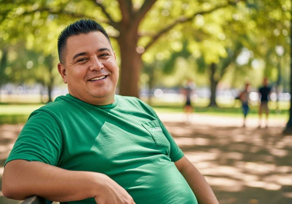 man considering laser treatment for fat removal while relaxing in park