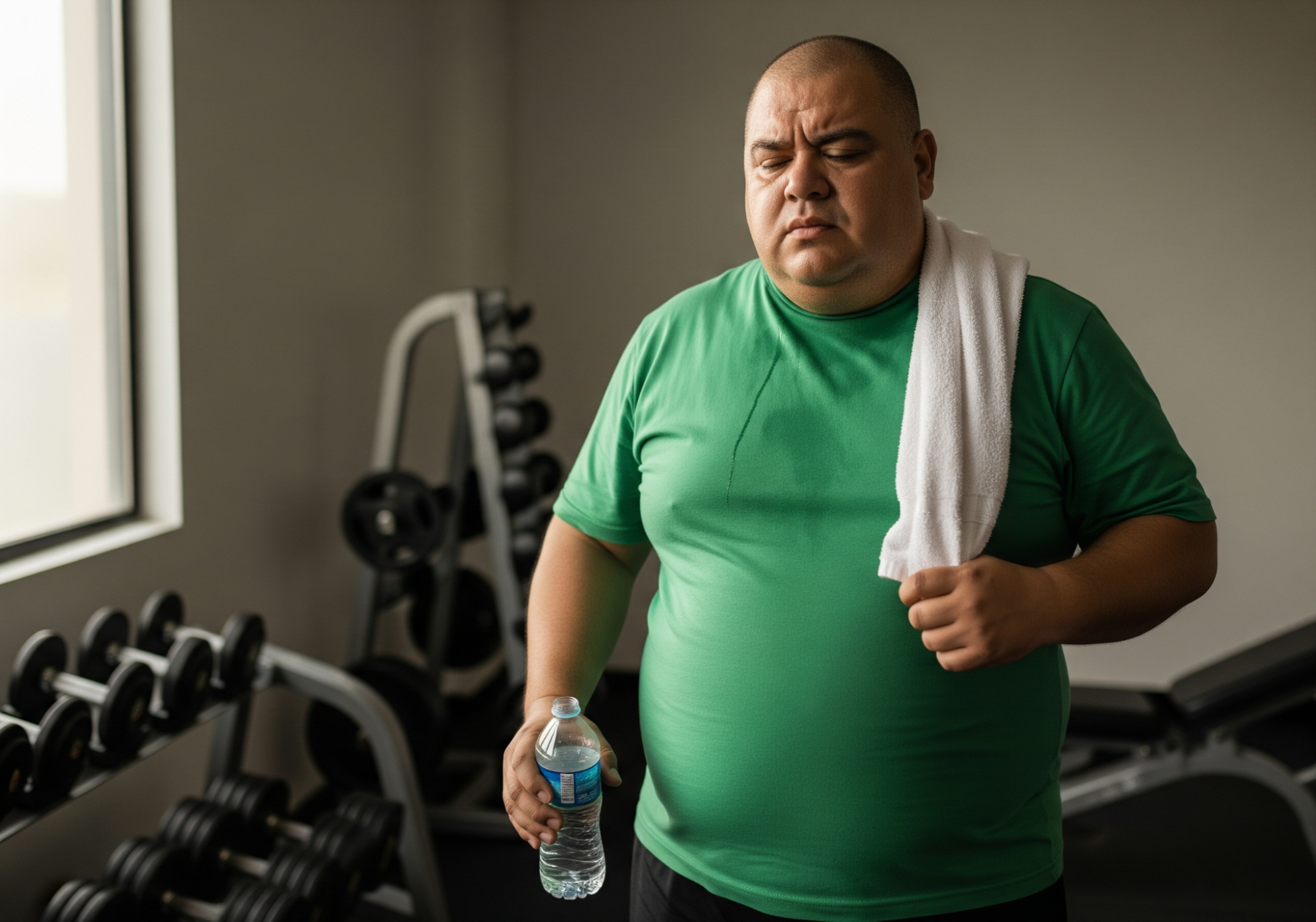 holding a water bottle and towel, standing near gym equipment