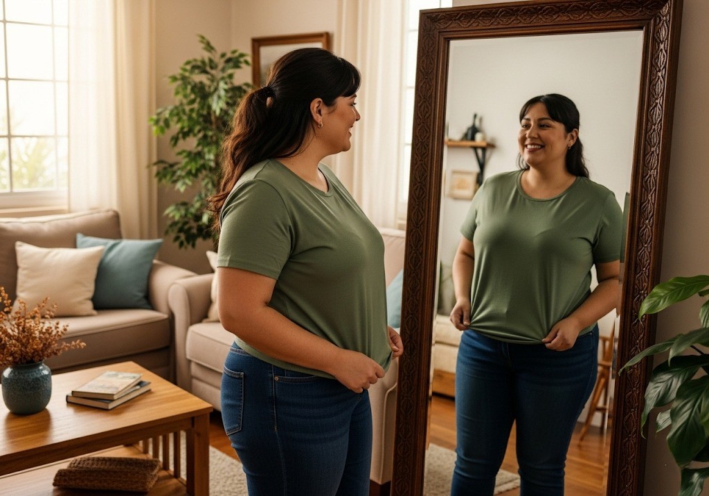 Woman smiling at herself at mirror
