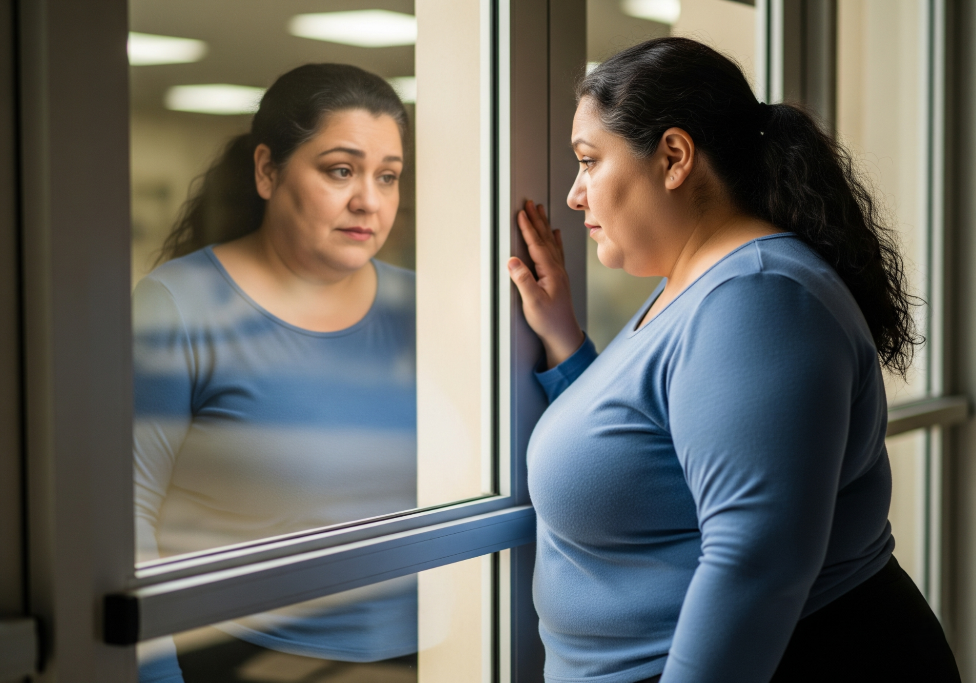 woman considering laser to reduce belly fat while looking at reflection