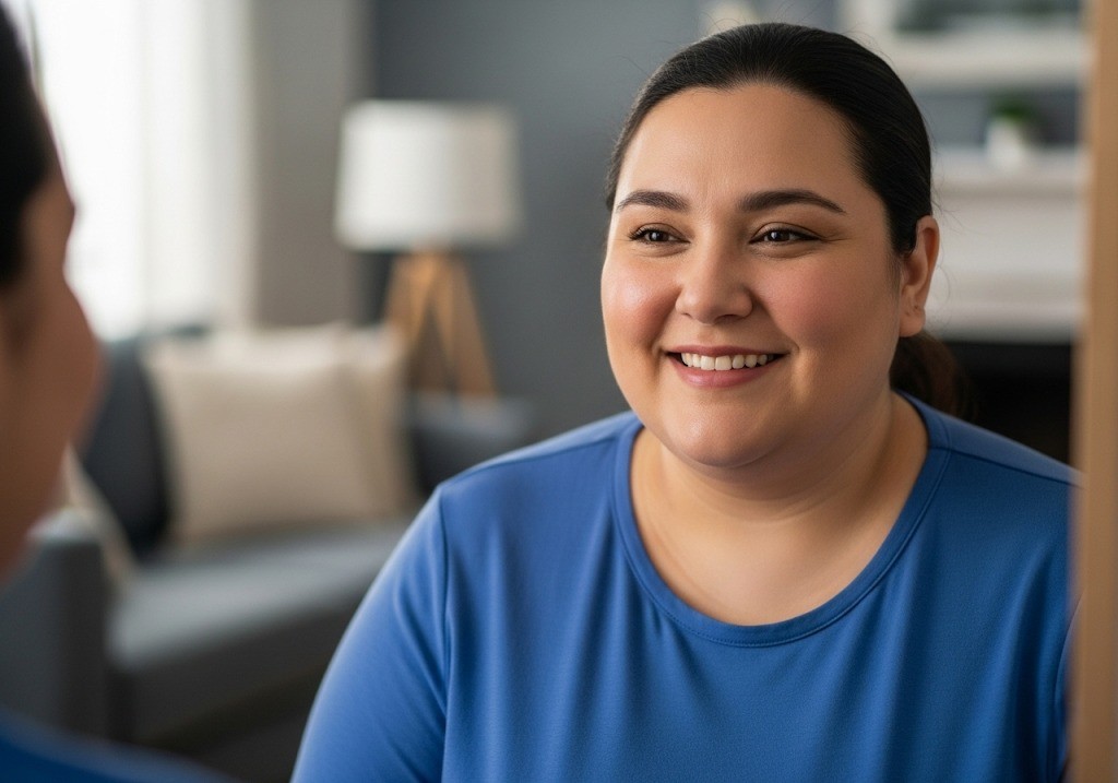 Woman looking at reflection on mirror