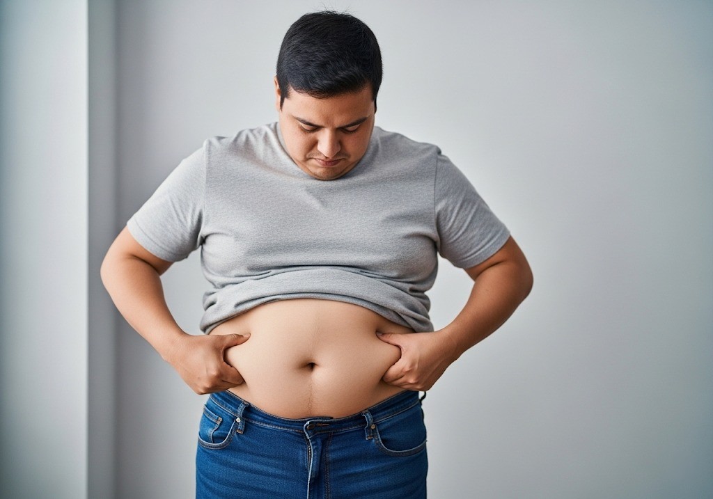 person tugging at stomach fat