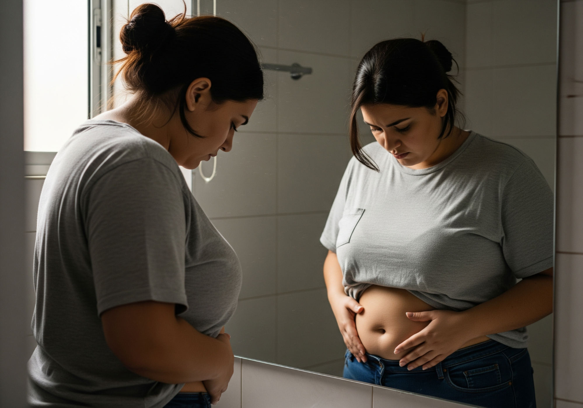 woman in casual clothes looking down at her belly in the mirror, appearing frustrated