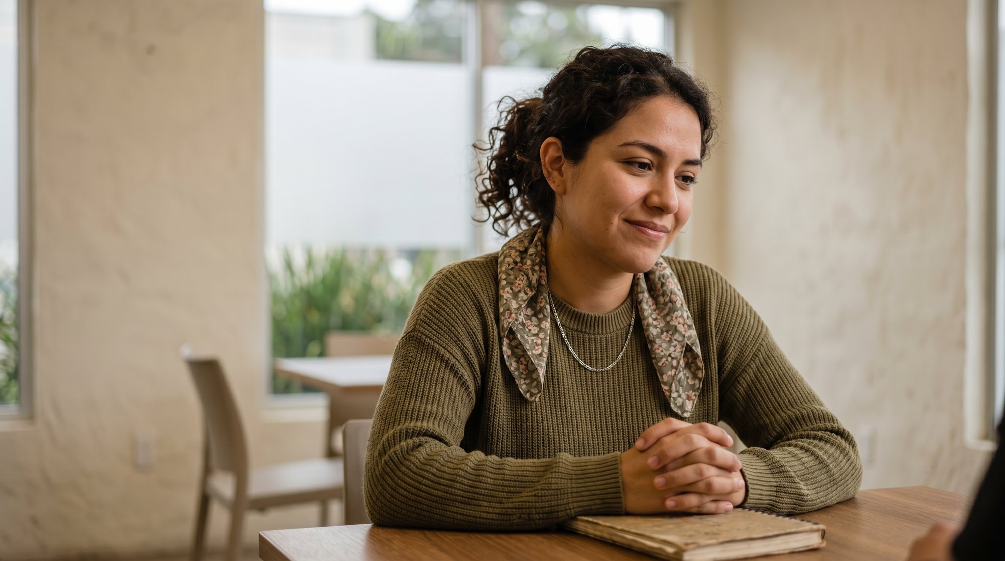 woman smiling quietly to herself
