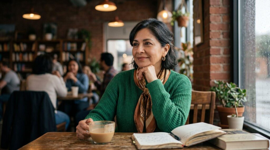 Woman sitting thoughtfully in a café, reflecting on how fast does ketamine therapy work for depression and mental health treatment options.