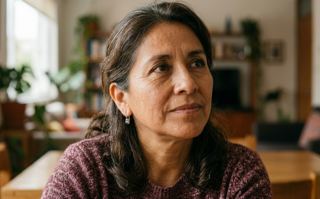 Woman indoors with calm expression