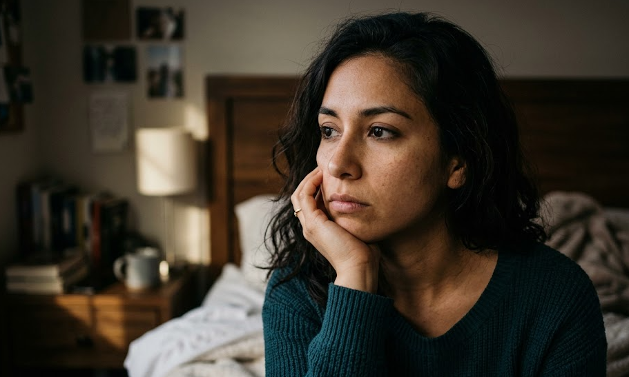 Woman sitting on bed in deep thought