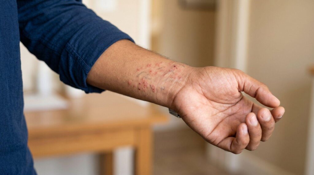 man with rashes on wrist, symbolizing the relief provided by a scabies doctor near me