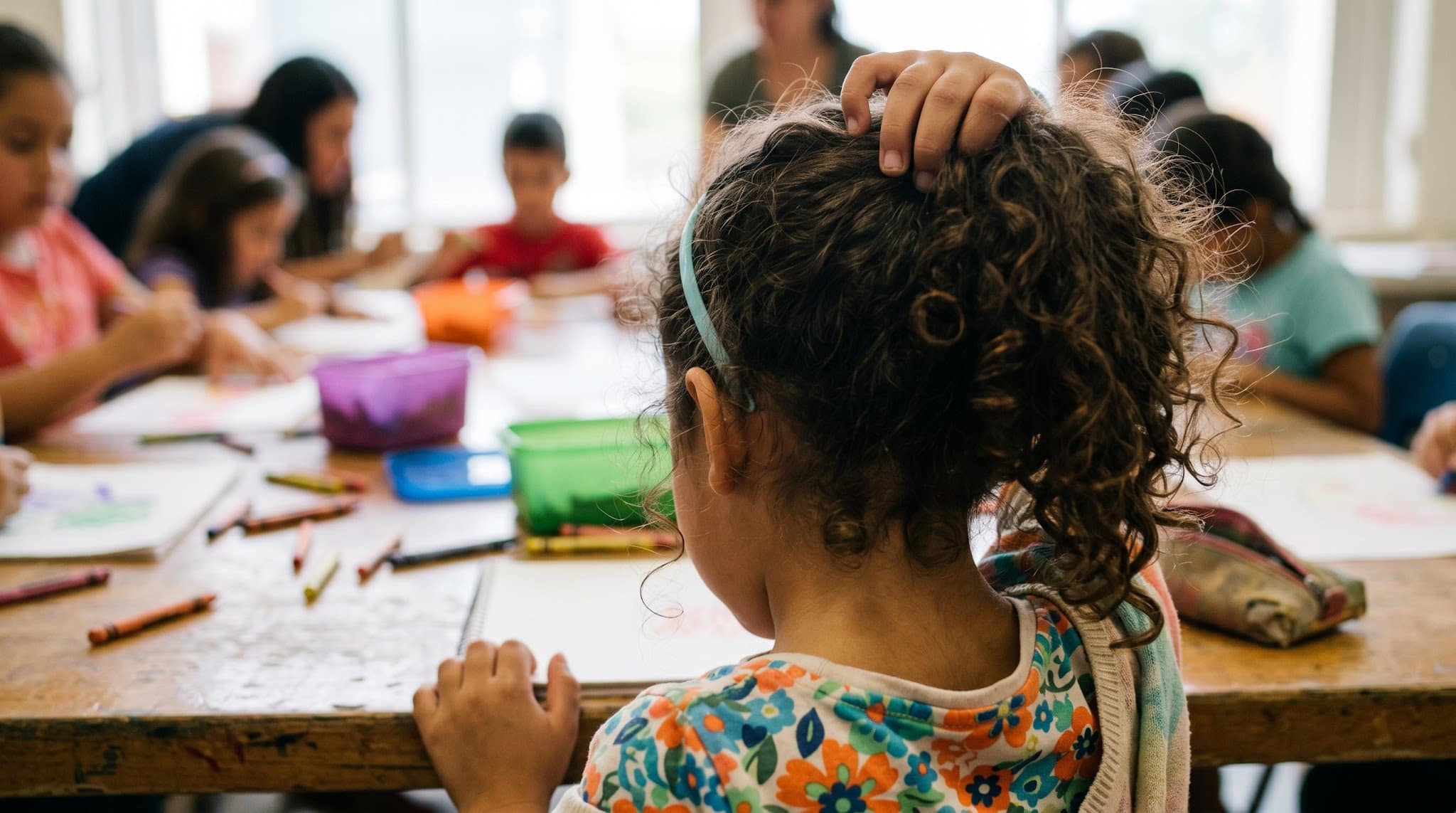 A young child with curly hair scratching her scalp while sitting at a desk, illustrating symptoms for lice treatment near me Weslaco.