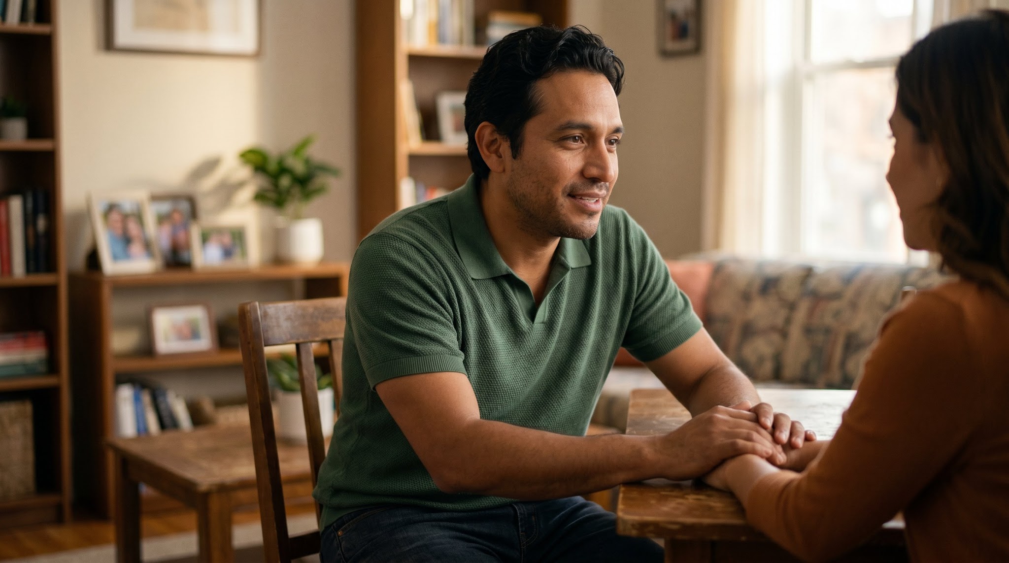 man talking to his wife, looking hopeful