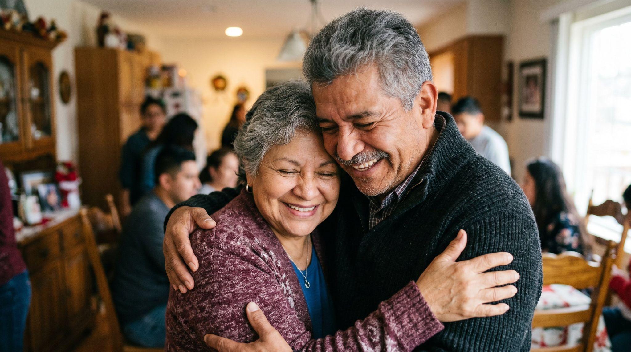 Older couple hugging and smiling at home, representing hope and family support