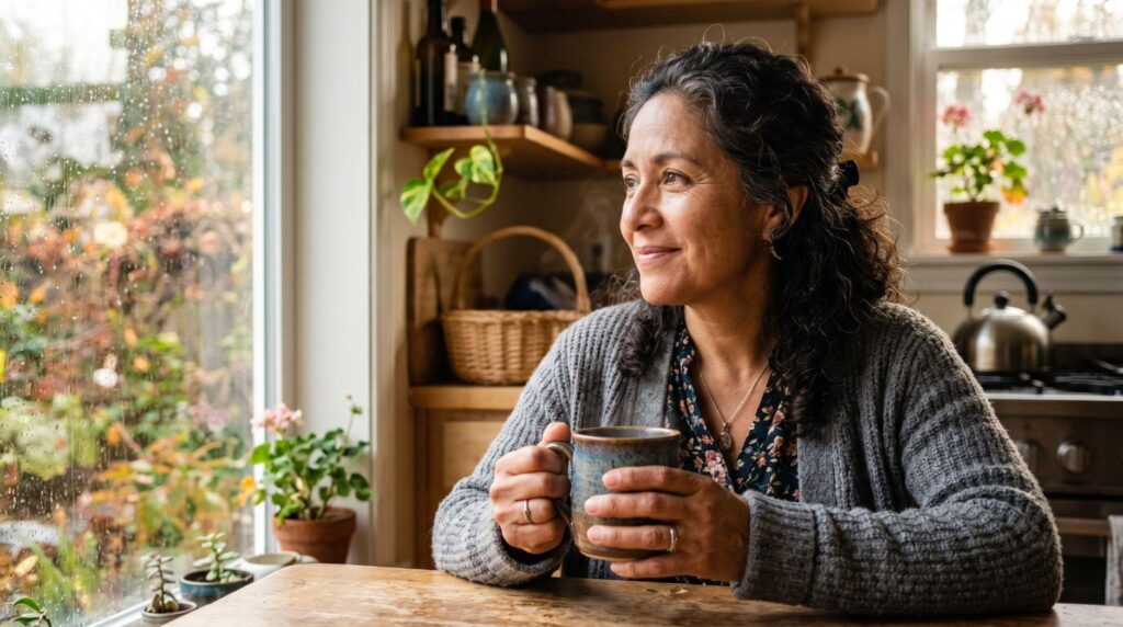 woman looking relaxed and calm, sitting next to a window