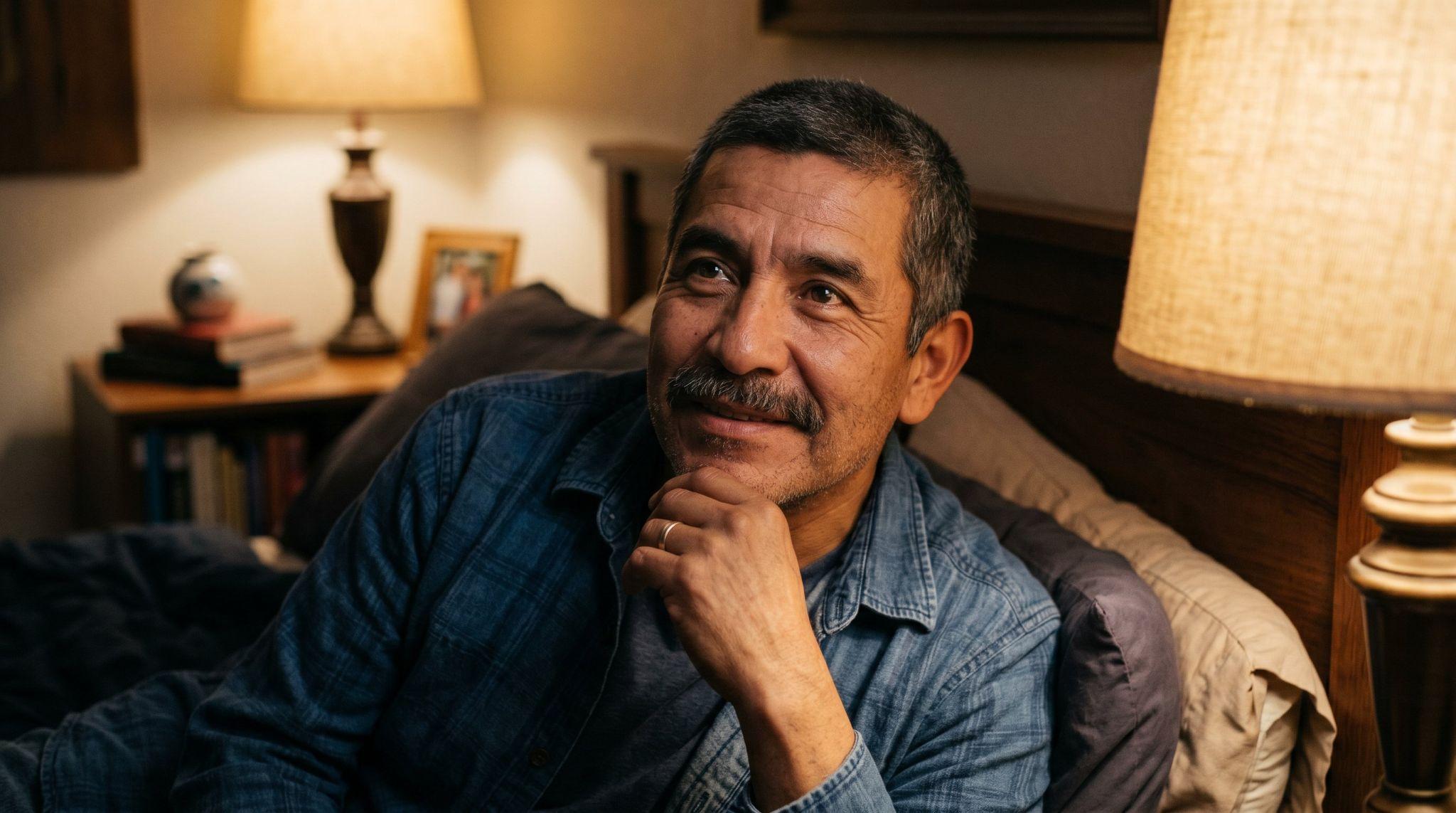 Middle‑aged man resting on his bed at night with a gentle smile, suggesting calm and improved mood following ketamine treatment for PTSD.