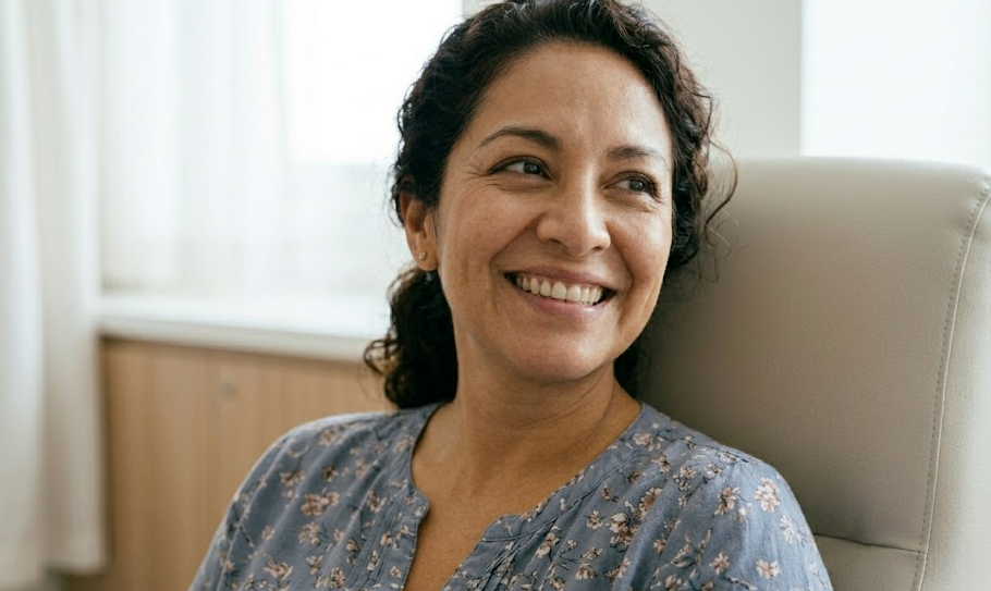 Smiling patient relaxing in clinic chair