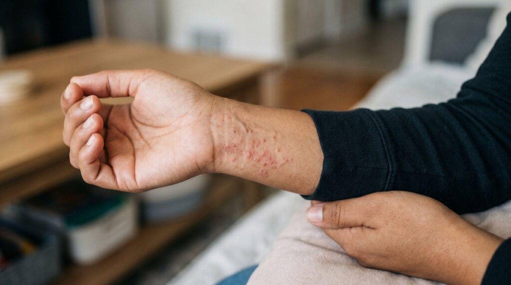 woman with rashes on wrist looking for answer to Where to Get Scabies Treatment in the Rio Grande Valley