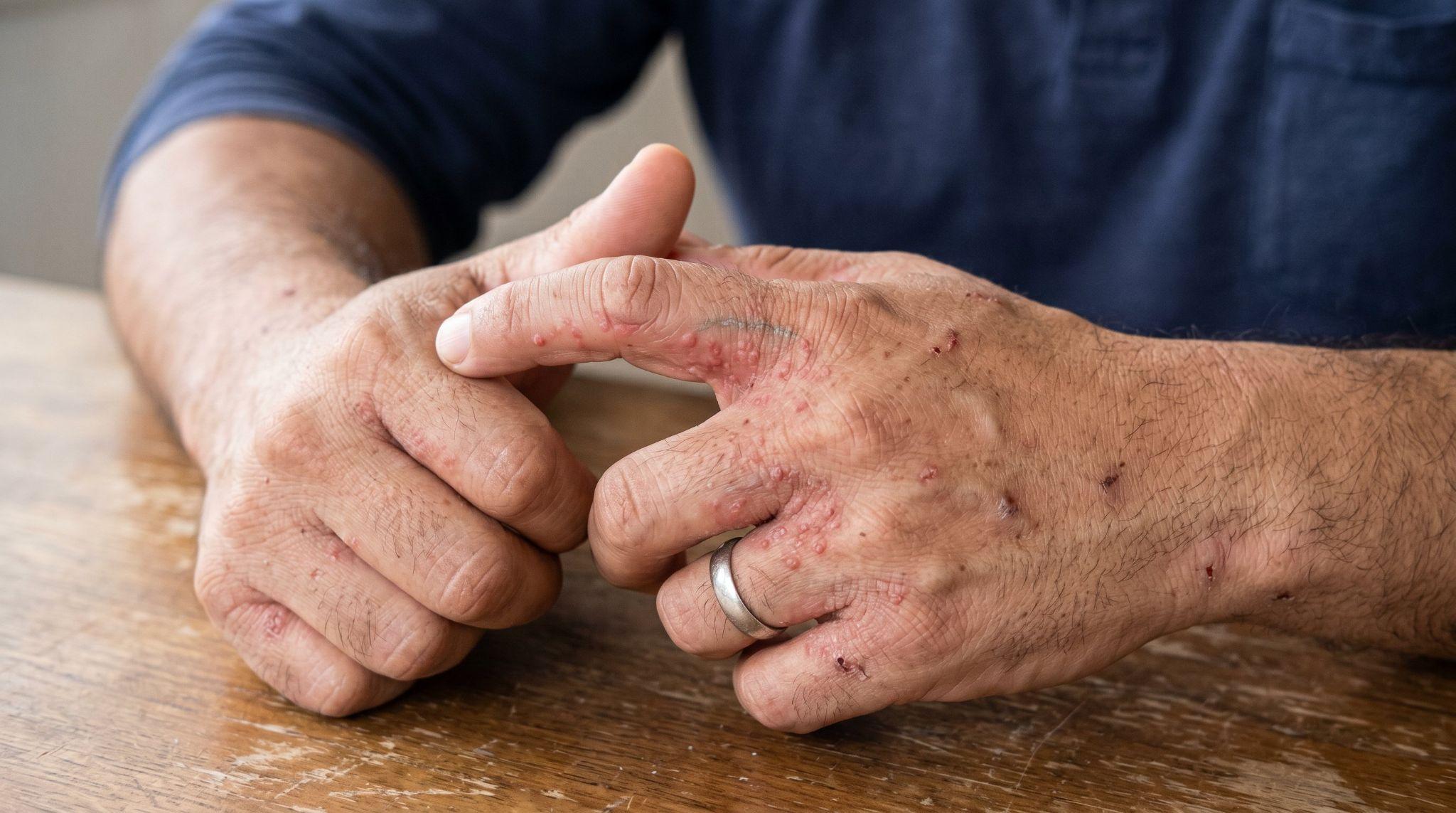 man with rashes on hands
