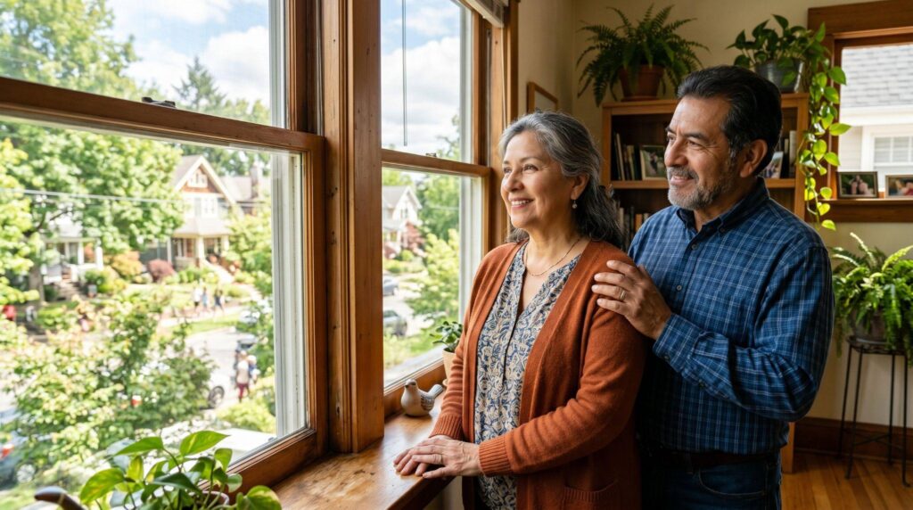 couple standing by a sunny window at home, looking out with gentle smiles and renewed hope after learning about ketamine treatment in the Rio Grande Valley.