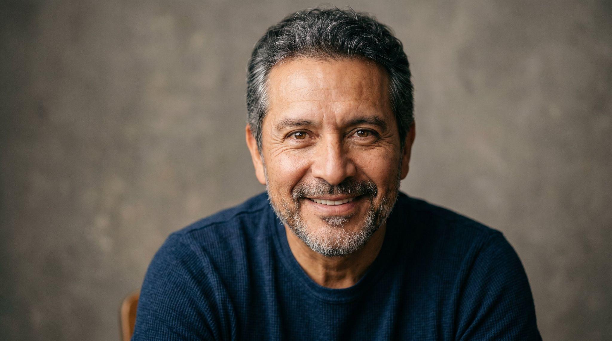 Close‑up portrait of a smiling middle‑aged man against a neutral background, reflecting hope and resilience