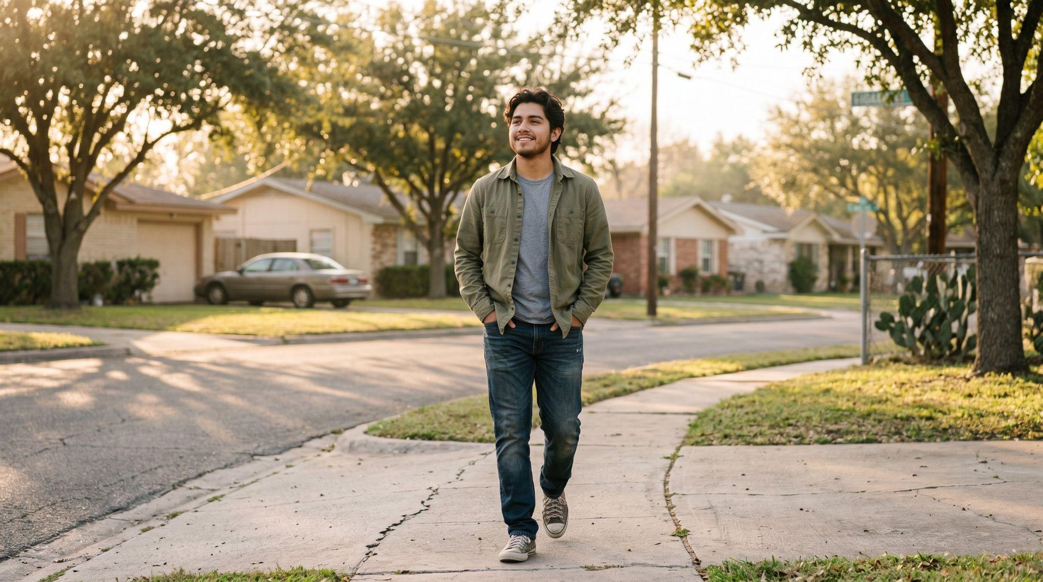 Young man walking through a quiet South Texas neighborhood at sunrise, feeling ptimistic as he considers ketamine treatment in the Rio Grande Valley.
