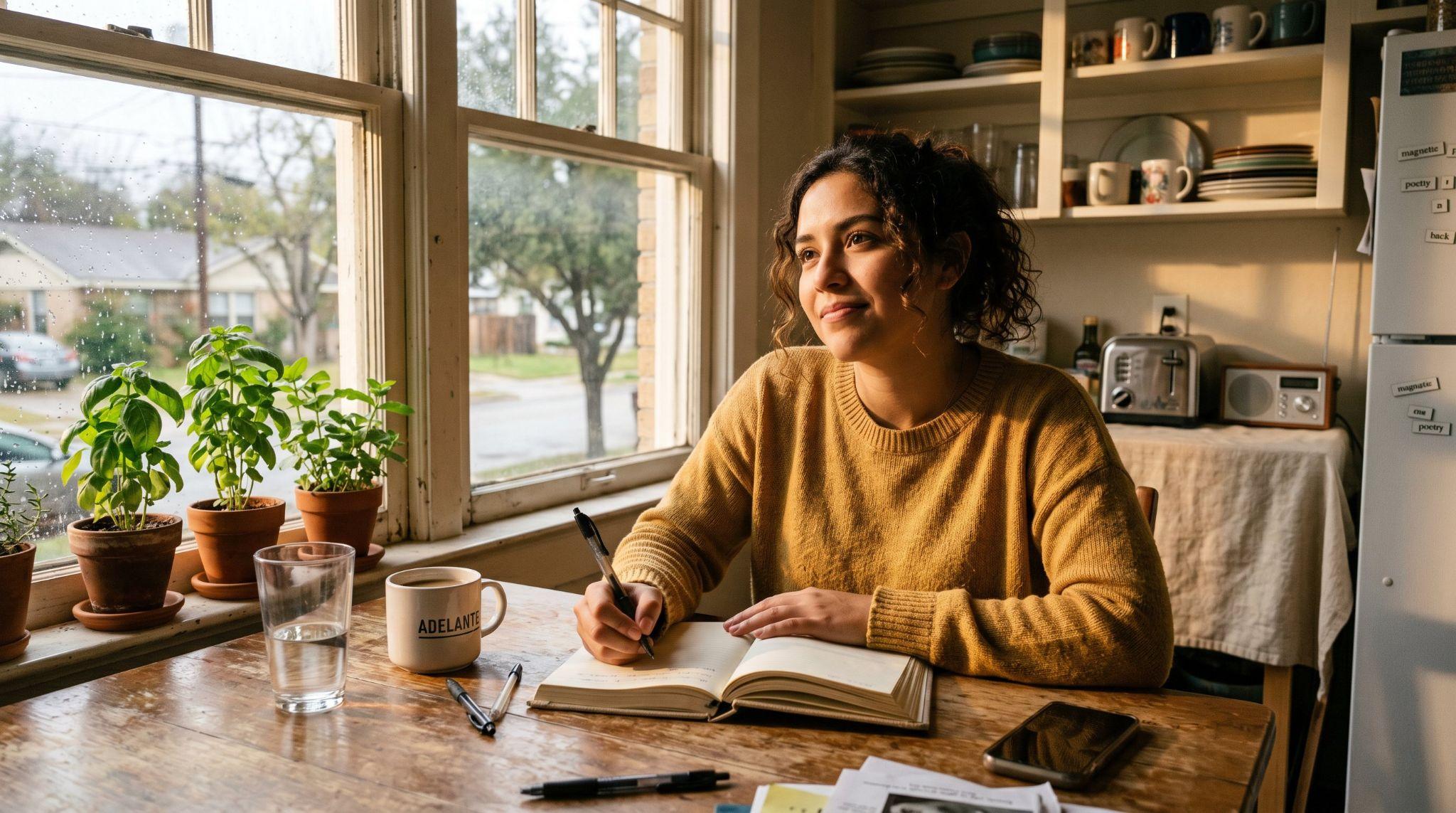 woman journaling at a cozy kitchen table on a rainy day, thinking about her mental health journey