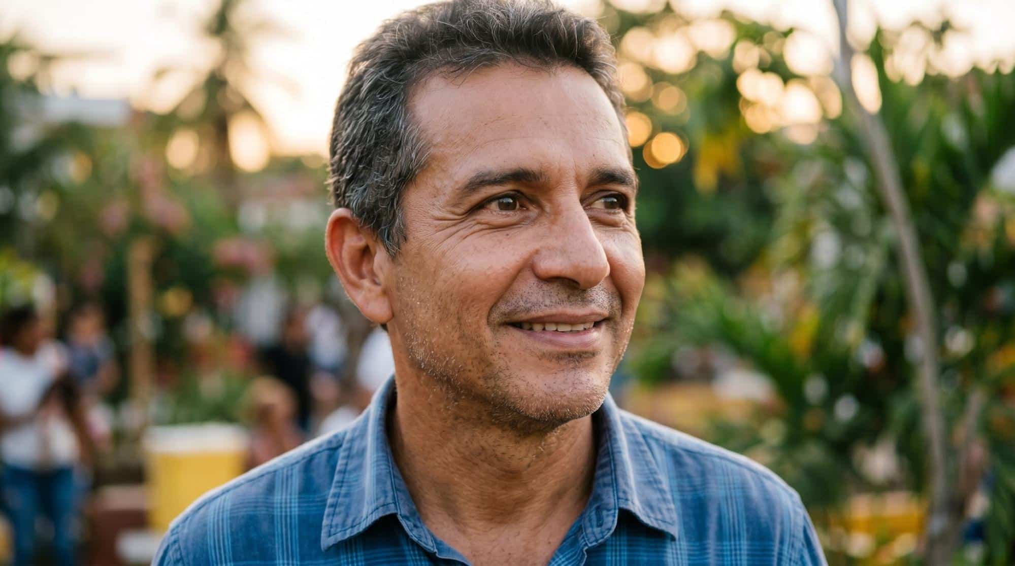 Close-up portrait of a middle-aged Hispanic man in a blue plaid shirt smiling warmly and looking off to the side outdoors, illustrating local access to treatment options in South Texas.