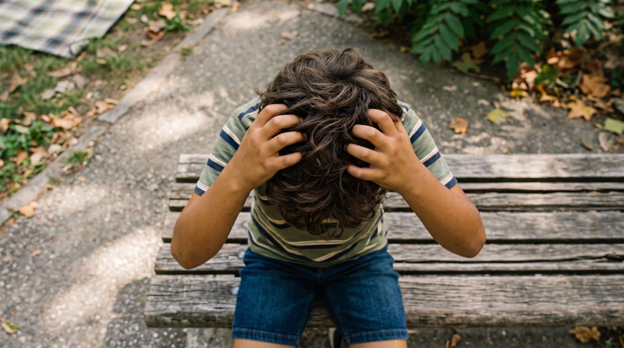 Child sitting on a bench outside scratching his head with both hands, highlighting the need for professional lice treatment in Weslaco, TX.