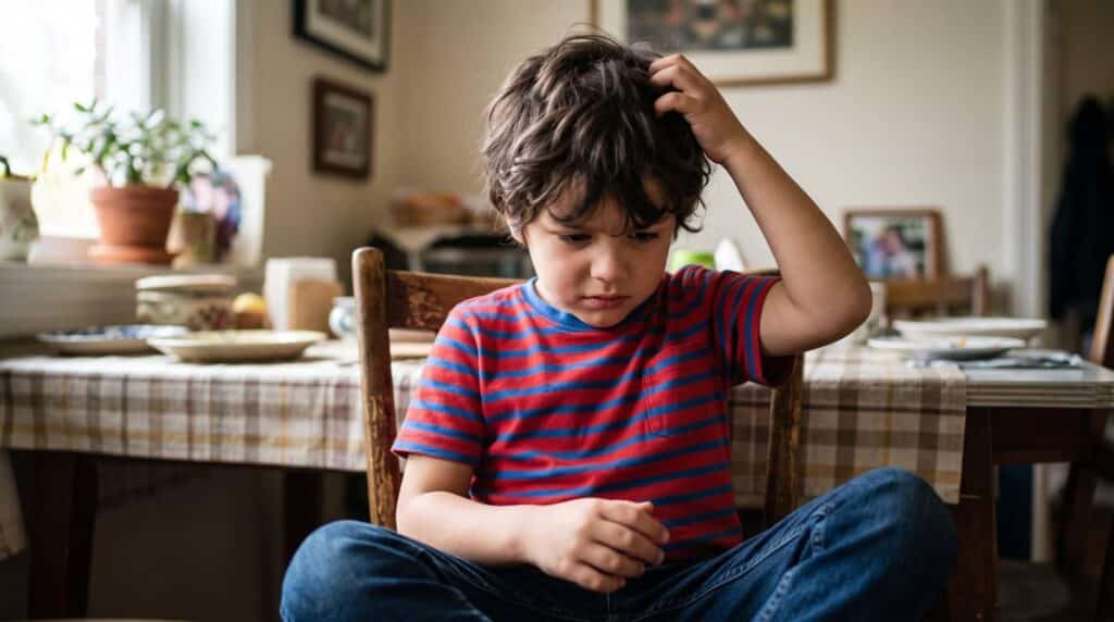 A young boy with dark, messy hair wearing a red-and-blue striped t-shirt sits cross-legged on a wooden chair, scratching his head with a thoughtful or confused expression.