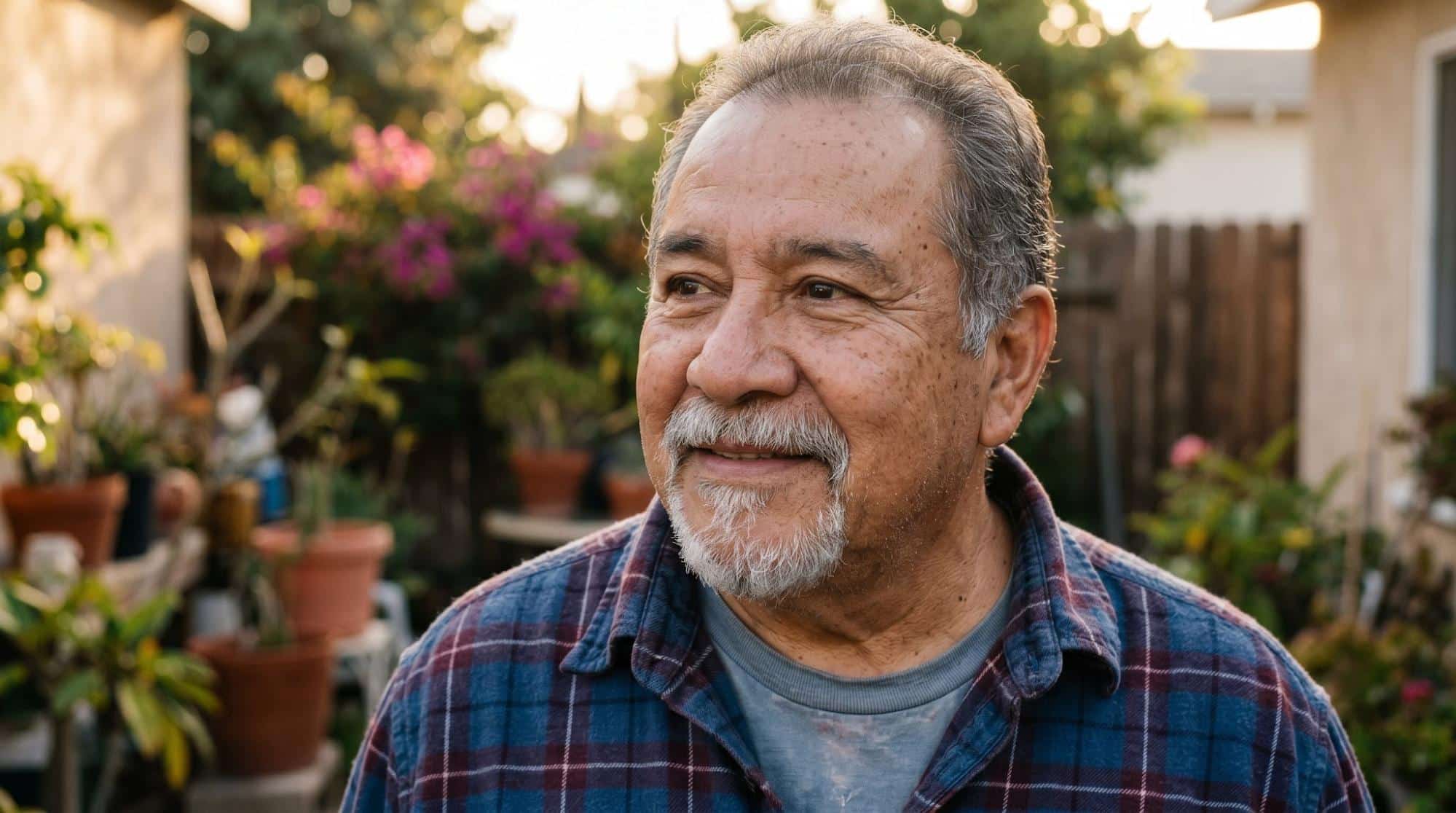 Close-up portrait of a smiling older man with a grey beard in a plaid shirt, looking off-camera in a sunny backyard garden, illustrating consideration of treatment options for mental health.