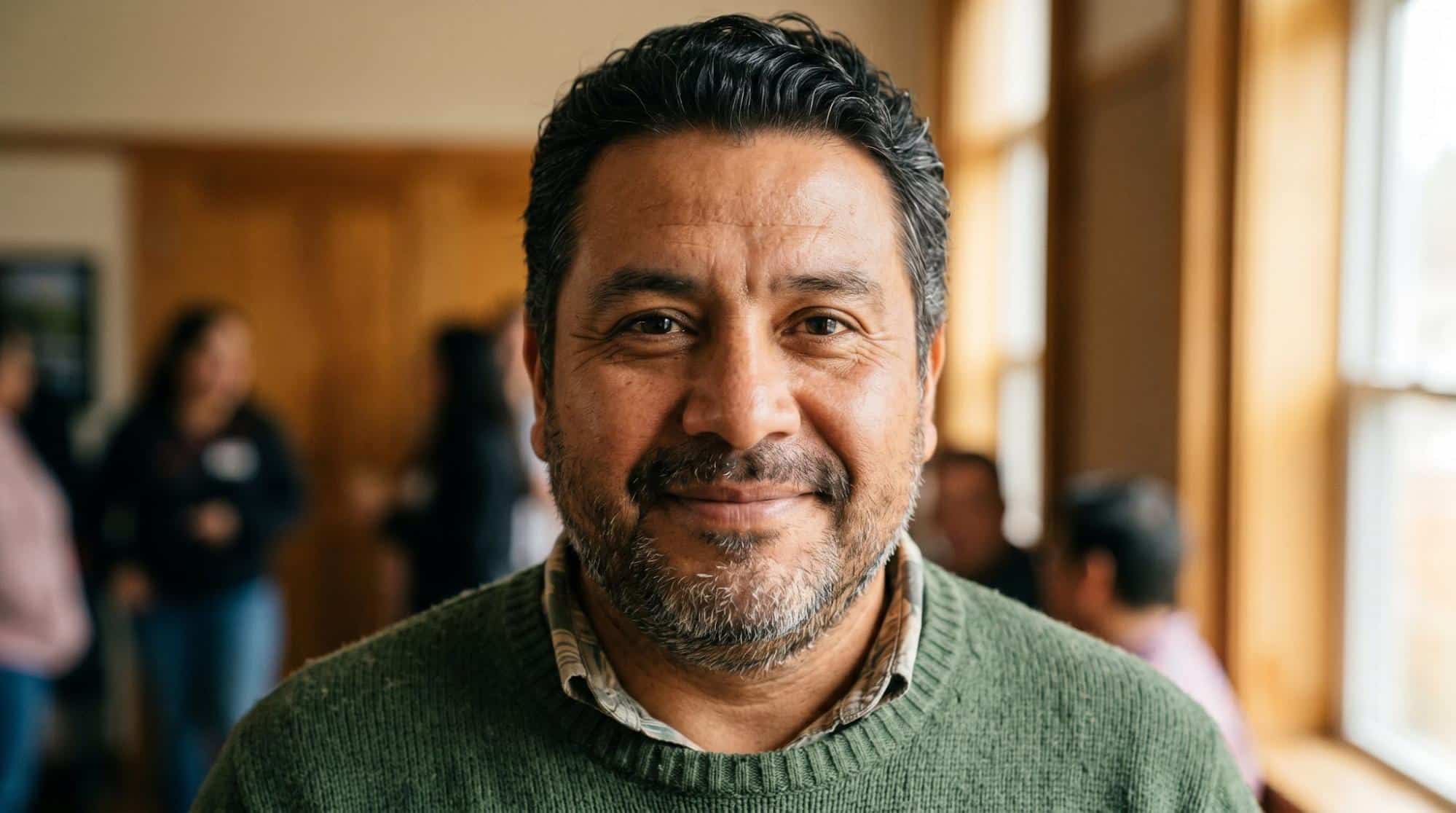 Close-up portrait of a middle-aged Hispanic man with a beard wearing a green sweater, smiling directly at the camera indoors, representing adult patients evaluating physician-supervised ketamine care.