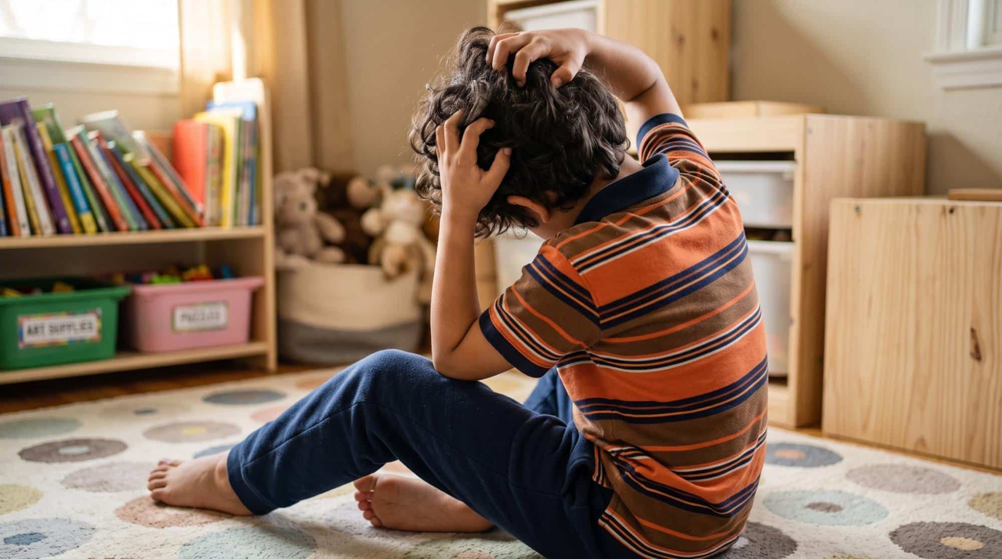 Young boy sitting on the floor scratching his head in frustration, illustrating the need for professional lice treatment in Weslaco, TX.