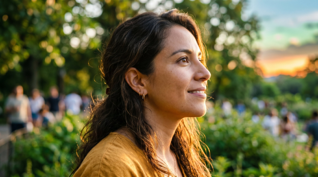 Close-up profile of a smiling woman looking upward thoughtfully during golden hour in an outdoor park setting, representing hope and wellness in mental health care.