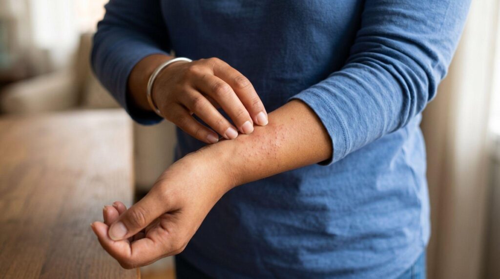 woman with itchy rash, requiring a visit to a walk-in clinic for scabies in the RGV
