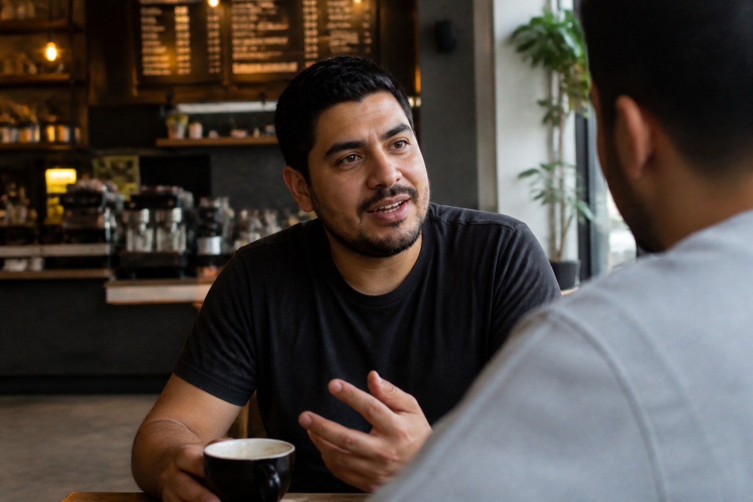 Hispanic man with short dark hair and a beard wearing a black T-shirt, holding a coffee cup and gesturing while speaking intently to a friend across a table.